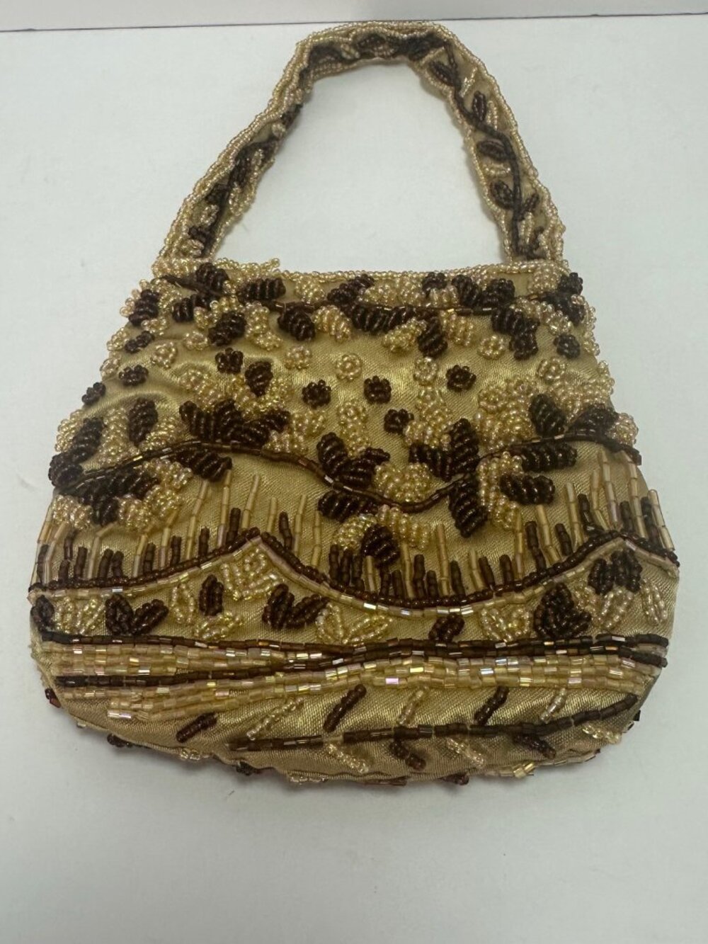 Evening Bag Gold Intricate Beading on Satin Small-Size Vintage Style